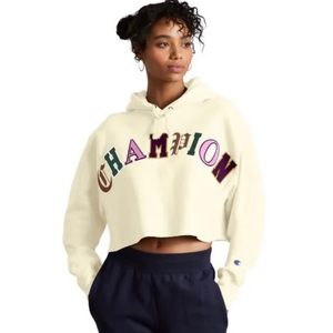 Champion Crop Cut Off Reverse Weave Hoodie Old English - Chalk White